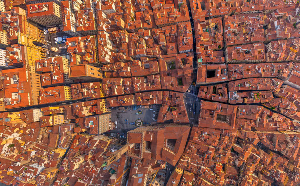 Aerial view above Florence historical center, Italy